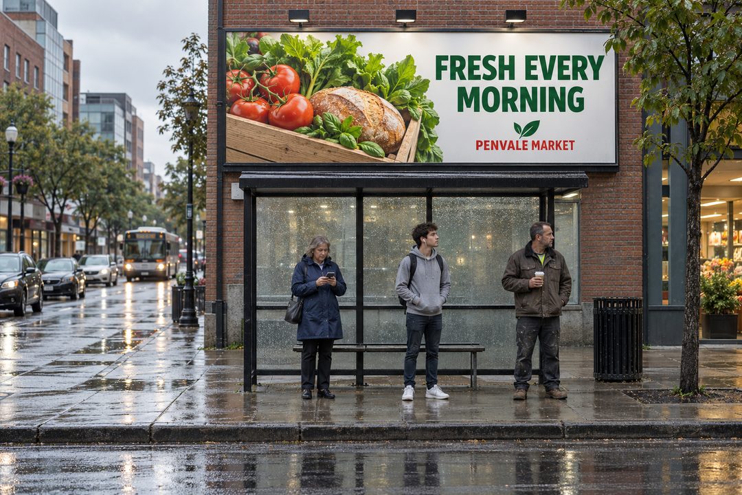 A grocery billboard reading Fresh Every Morning above a bus stop on a wet morning, where three people wait and one reads her phone.