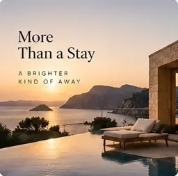 Fictional hotel ad: sunset over a limestone infinity pool and the sea, with the headline “More Than A Stay”.