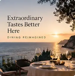 Fictional hotel dining ad: a candlelit coastal terrace at sunset with the headline “Extraordinary Tastes Better Here.”