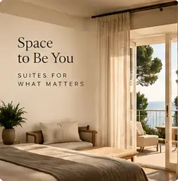 Fictional suite ad: ivory linen, warm wood and an open terrace overlooking the sea, with the headline “Space To Be You”.