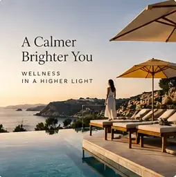 Fictional wellness ad: a guest beside a quiet sea-view pool and pale parasols, with the headline “A Calmer, Brighter You”.